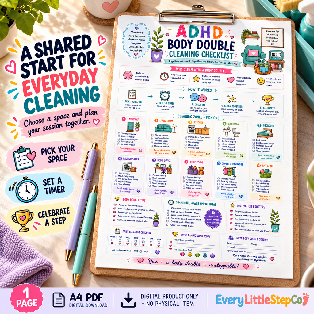 EveryLittleStepCo ADHD Body Double Cleaning Checklist, one A4 printable page – 02 – digital product, no physical item