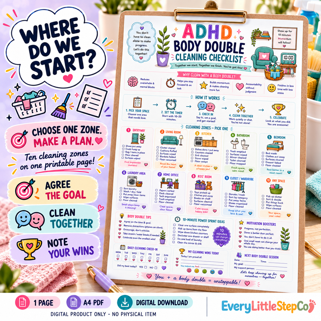 EveryLittleStepCo ADHD Body Double Cleaning Checklist, one A4 printable page – 08 – digital product, no physical item