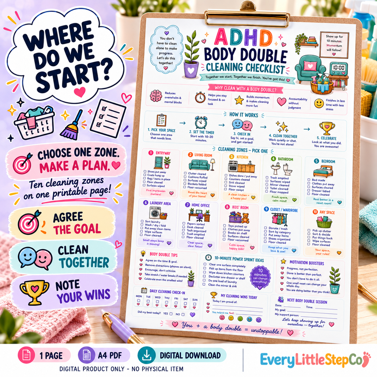 EveryLittleStepCo ADHD Body Double Cleaning Checklist, one A4 printable page – 08 – digital product, no physical item