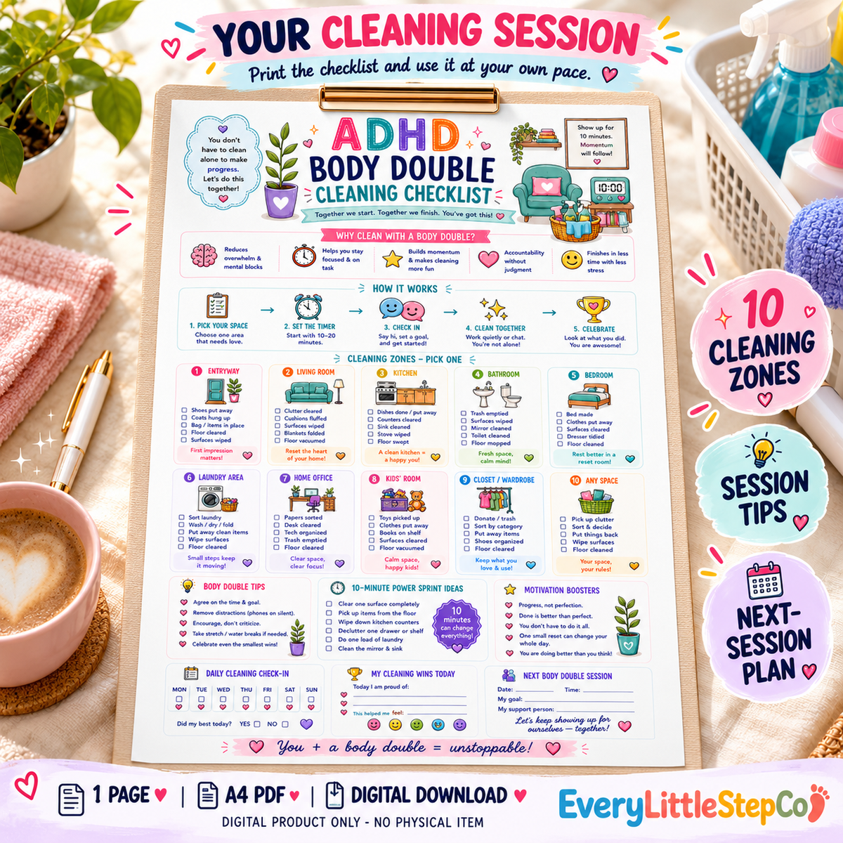 EveryLittleStepCo ADHD Body Double Cleaning Checklist, one A4 printable page – 18 – digital product, no physical item