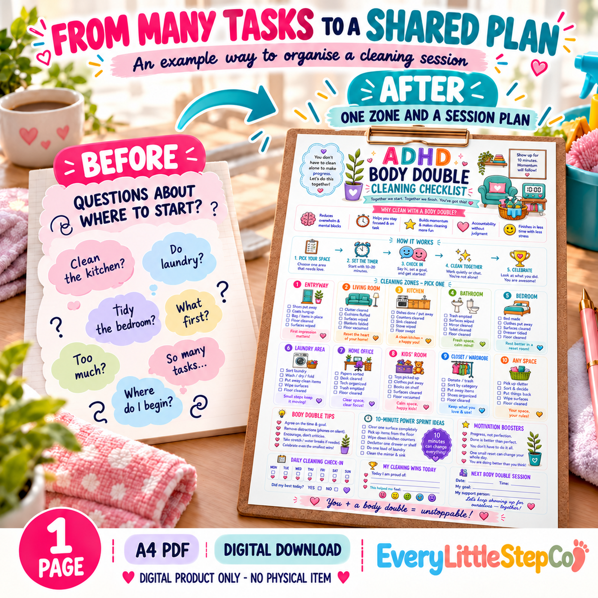 EveryLittleStepCo ADHD Body Double Cleaning Checklist – illustrative task questions to session plan – one A4 PDF, digital product only