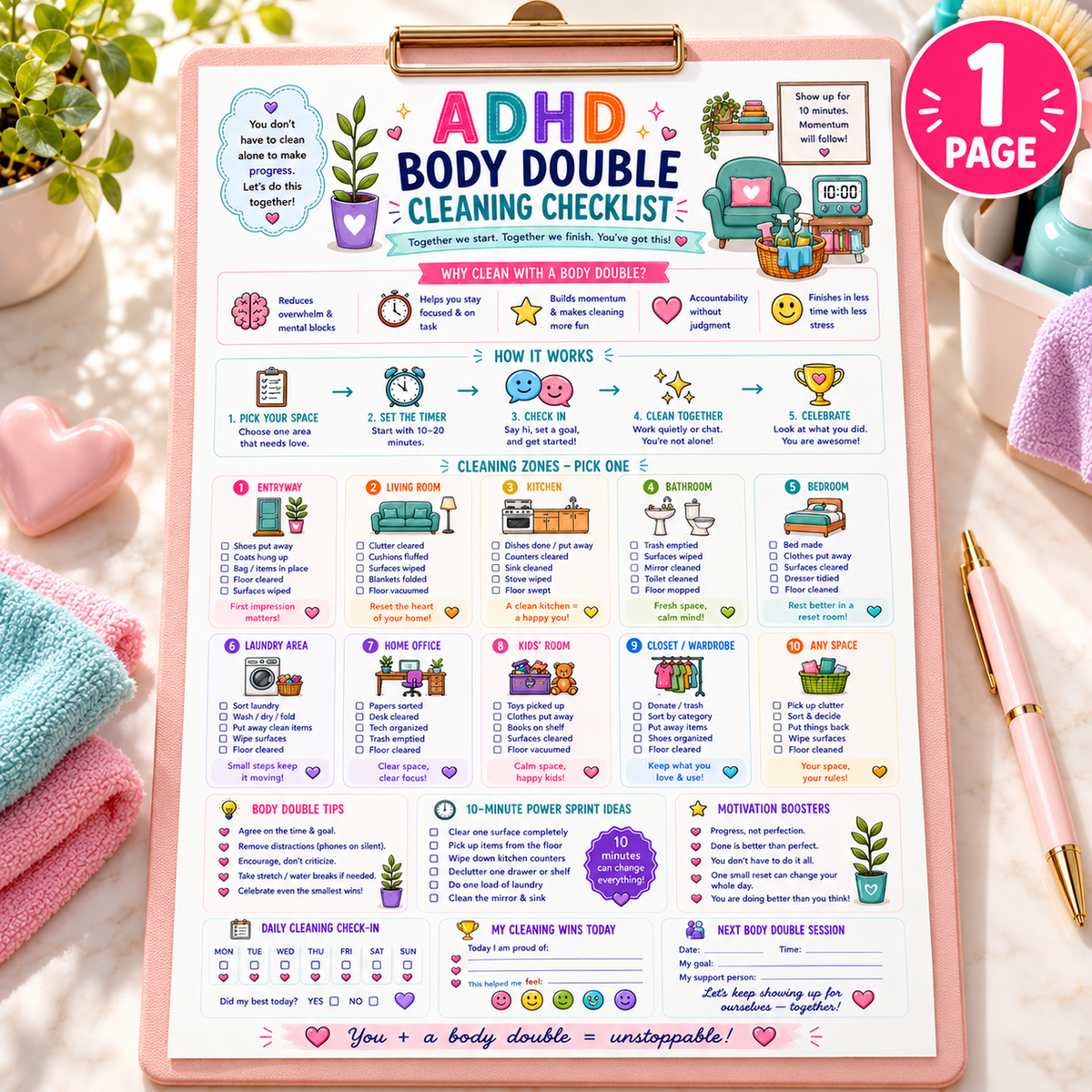 EveryLittleStepCo ADHD Body Double Cleaning Checklist, one A4 printable page – HERO – digital product, no physical item