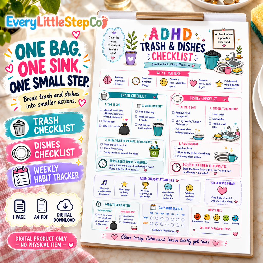 ADHD Trash and Dishes Checklist — one-page A4 printable with two task checklists and weekly habit tracker. Digital only; writing pad and props not supplied.
