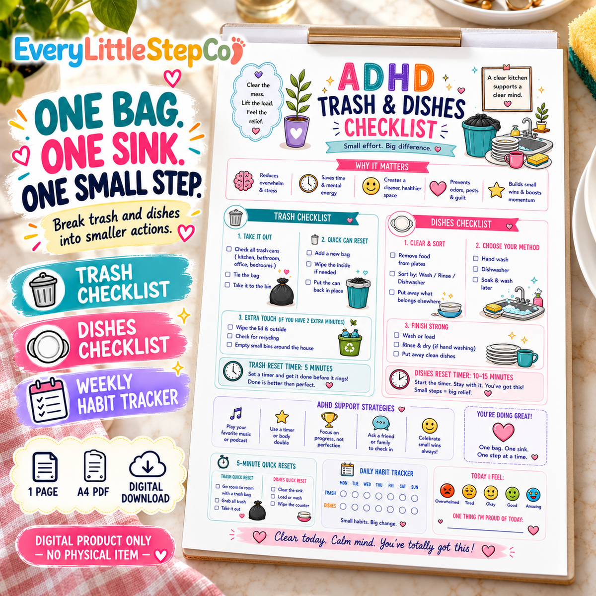 ADHD Trash and Dishes Checklist — one-page A4 printable with two task checklists and weekly habit tracker. Digital only; writing pad and props not supplied.
