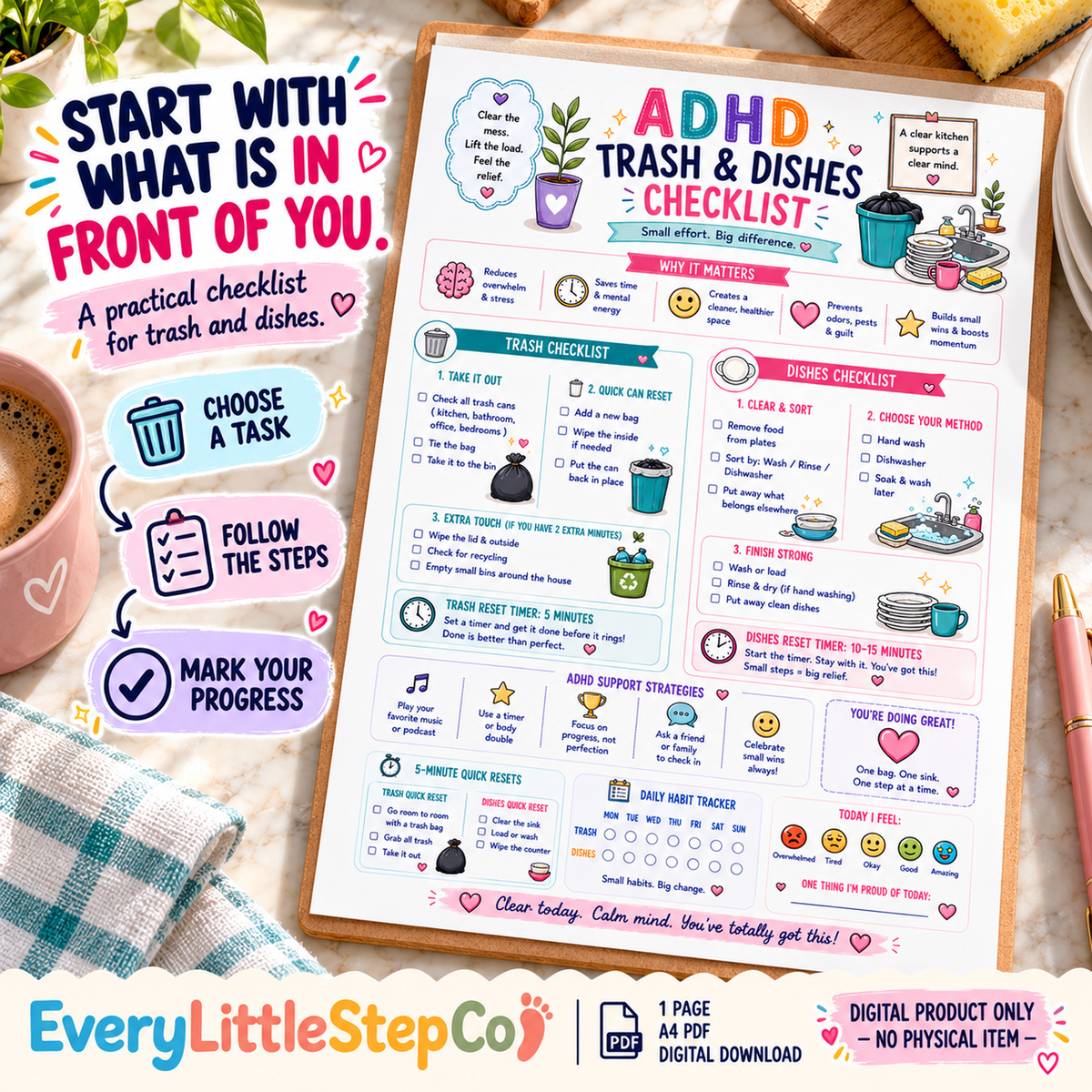 ADHD Trash and Dishes Checklist — home kitchen routine with one-page A4 printable worksheet. Digital only; writing pad and props not included.