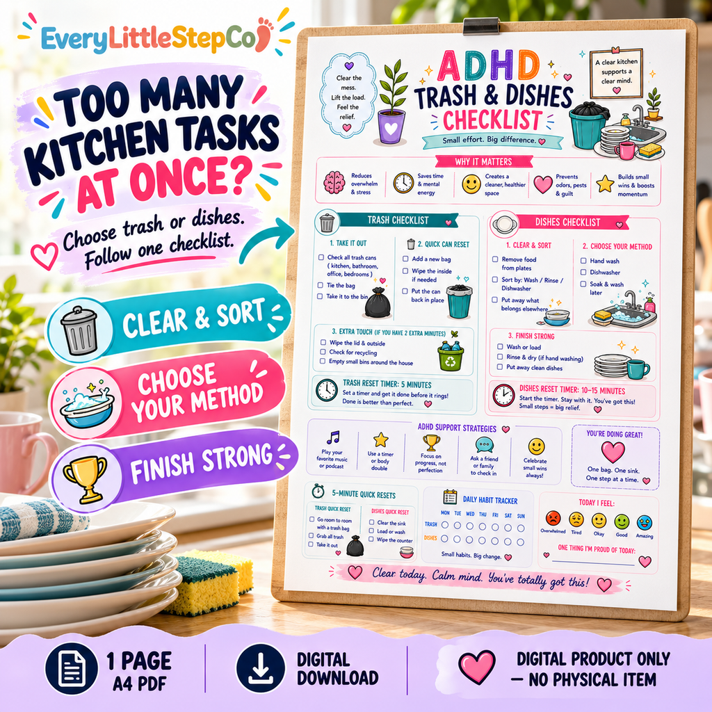 ADHD Trash and Dishes Checklist printable — choose a task, clear and sort, follow the checklist. One A4 PDF, digital download only.