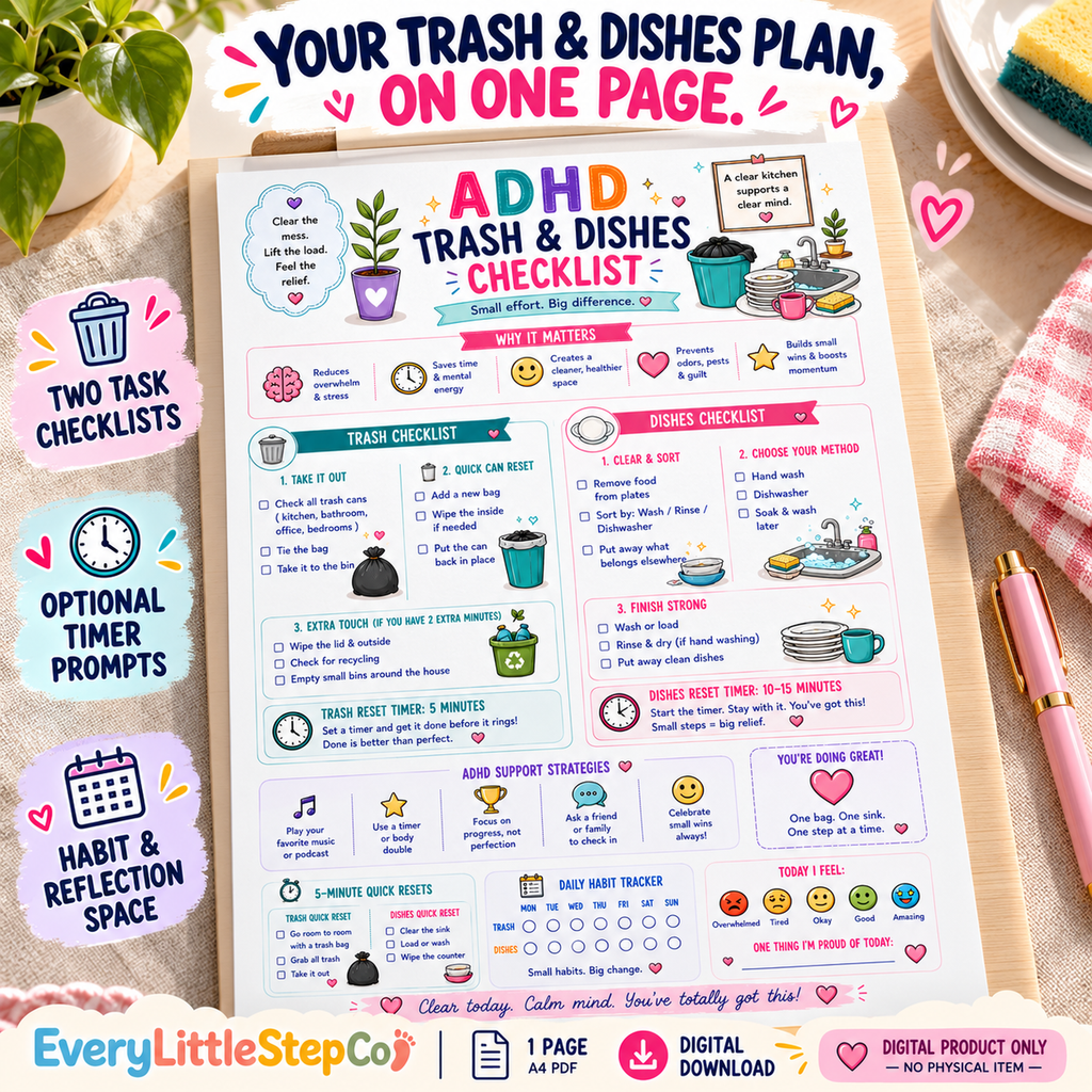 ADHD Trash and Dishes Checklist — premium writing-pad display of the one-page A4 printable with optional timer prompts and habit reflection space. Digital only.