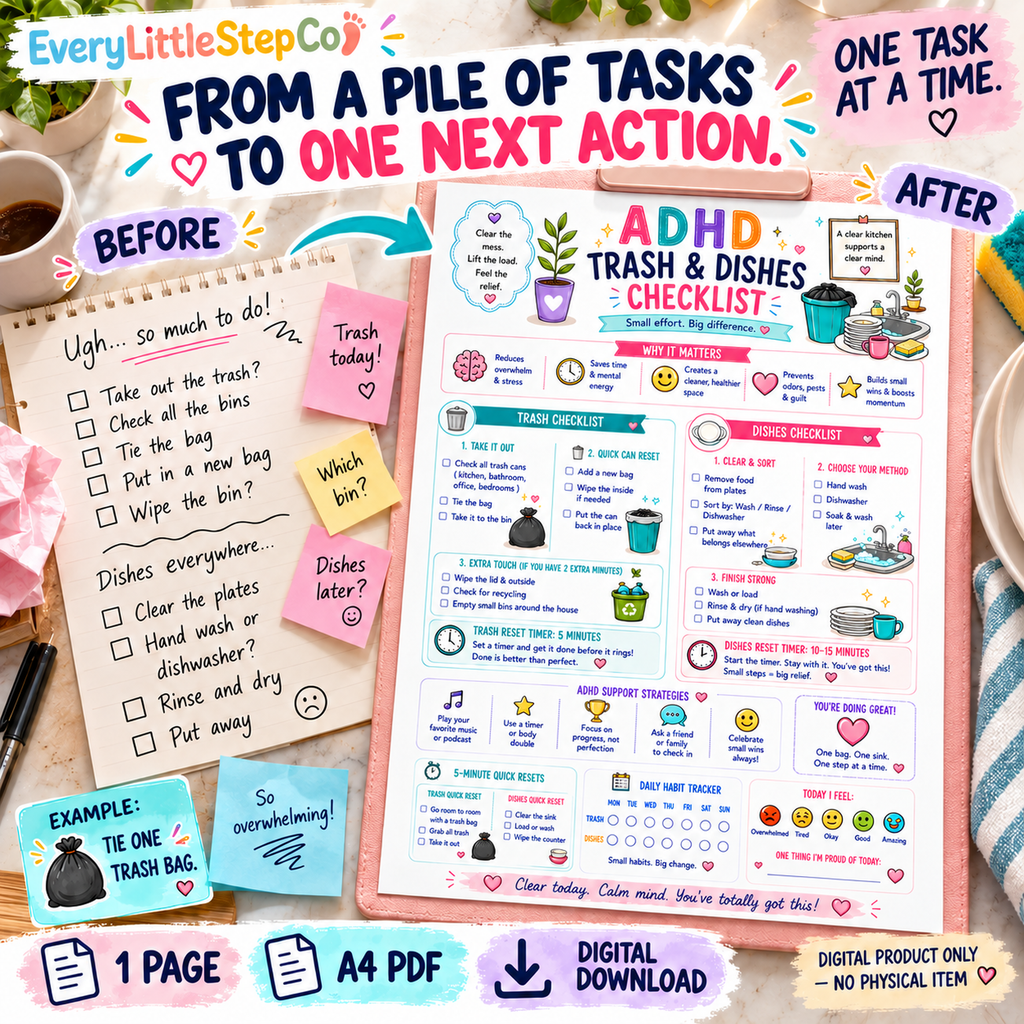 ADHD Trash and Dishes Checklist — illustrative task-notes to next-action comparison. One-page A4 PDF digital download, writing-pad styling only.