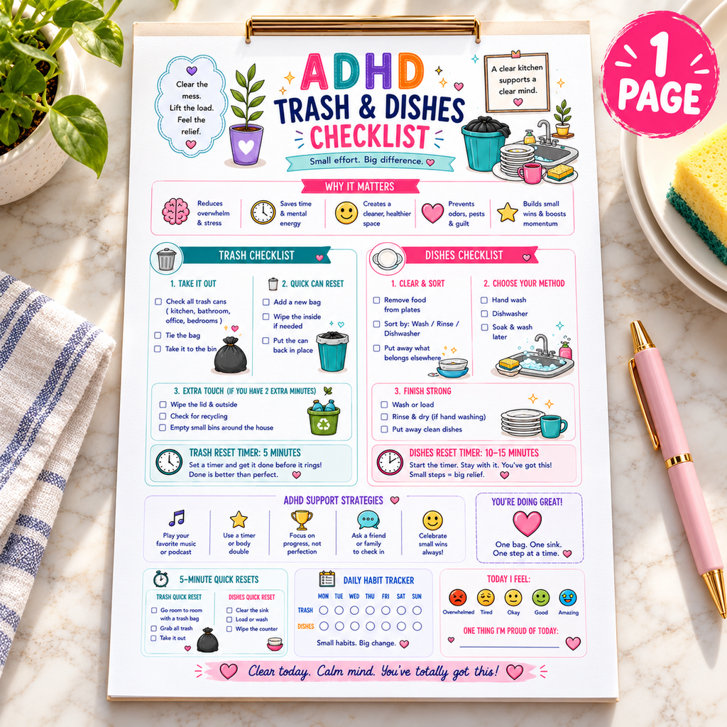 ADHD Trash and Dishes Checklist — separate writing-pad hero for the one-page A4 printable PDF. Digital only; props not included.