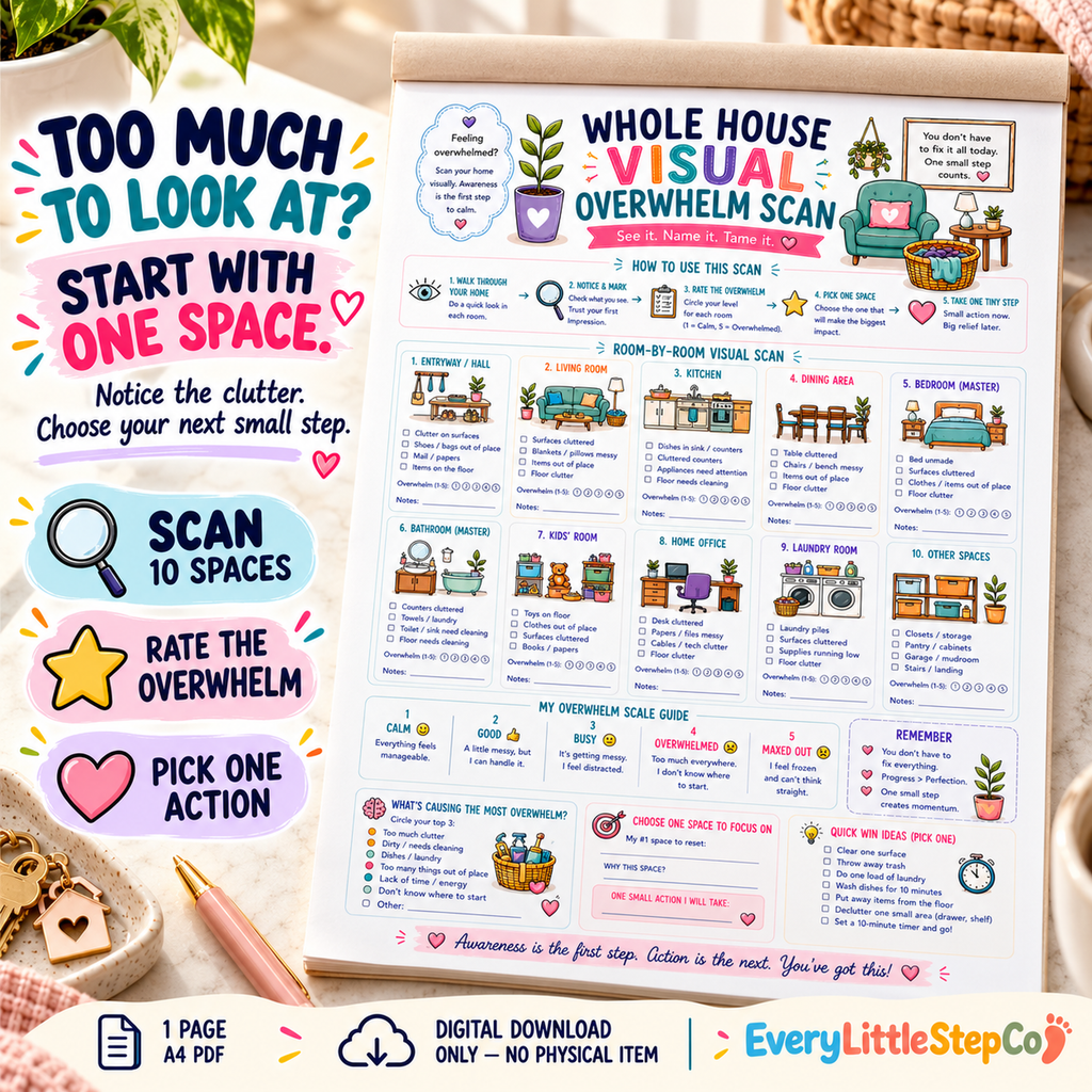 Whole House Visual Overwhelm Scan — one-page A4 printable worksheet on a writing-pad display. Digital download only; pad and props not included. Main overview