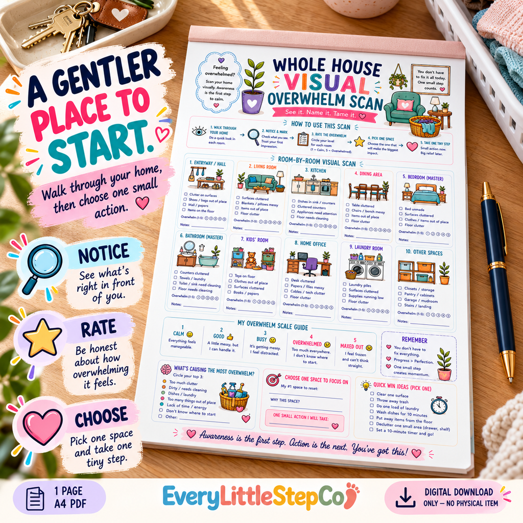 Whole House Visual Overwhelm Scan — one-page A4 printable worksheet on a writing-pad display. Digital download only; pad and props not included. Home lifestyle
