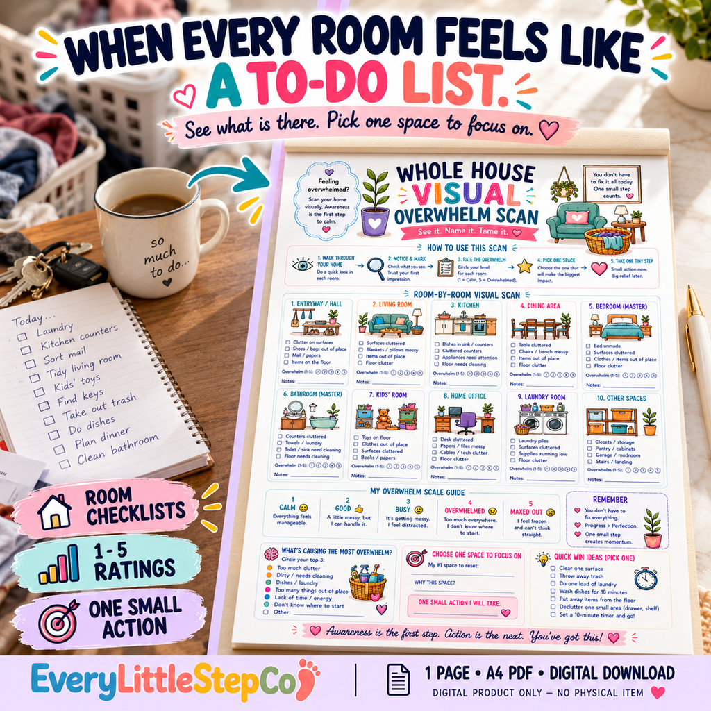 Whole House Visual Overwhelm Scan printable — room checklists, 1–5 ratings and one small action. One A4 PDF, digital only.