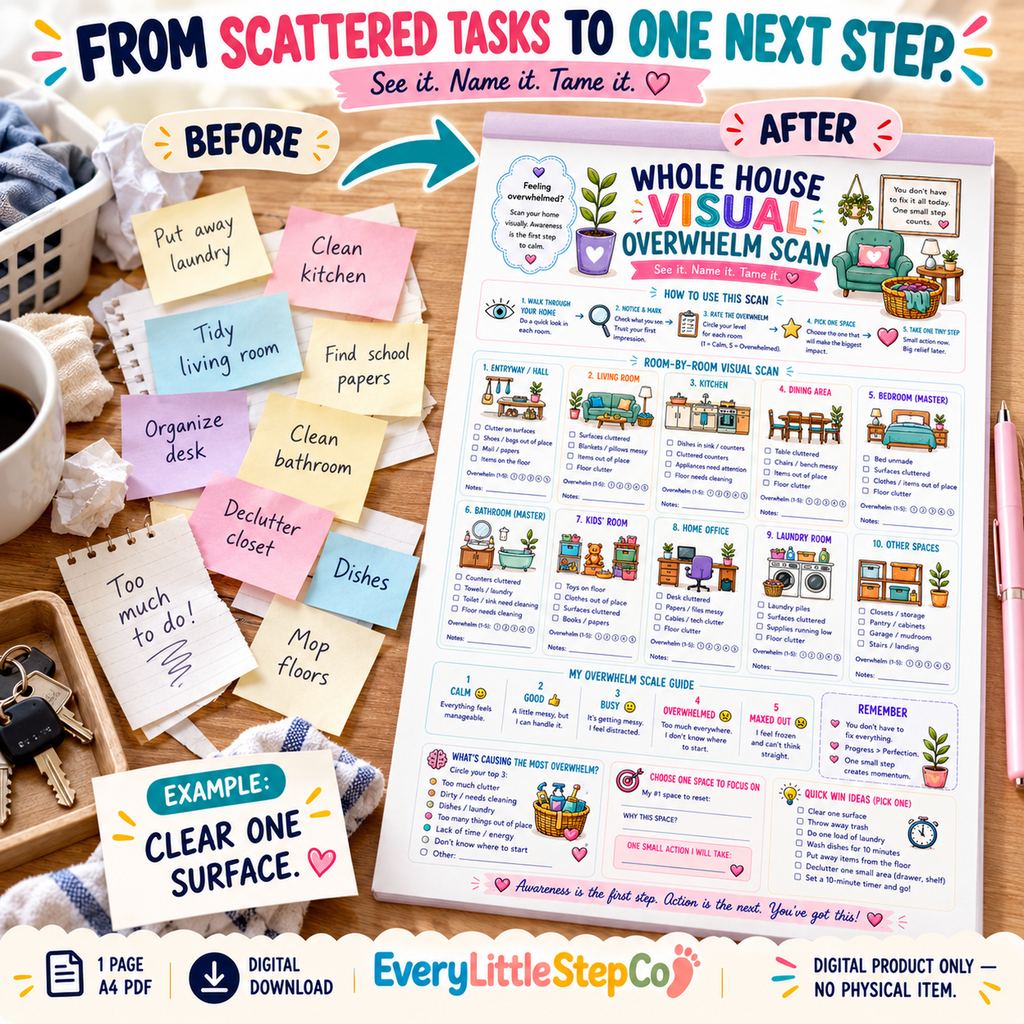 Whole House Visual Overwhelm Scan — illustrative scattered-task to next-step comparison, one A4 printable worksheet, digital only.
