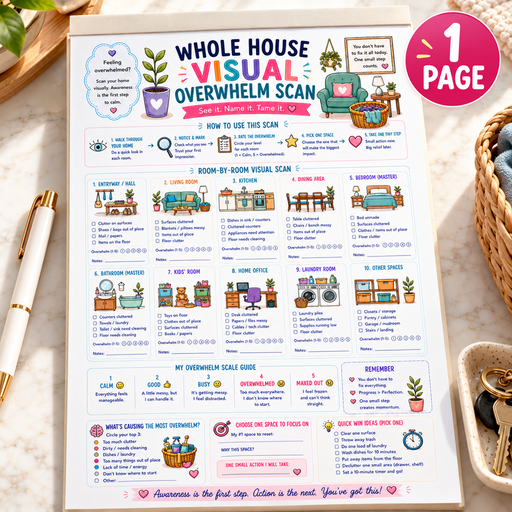 Whole House Visual Overwhelm Scan — one A4 printable worksheet, separate writing-pad hero. Digital file only; pad and props not supplied.