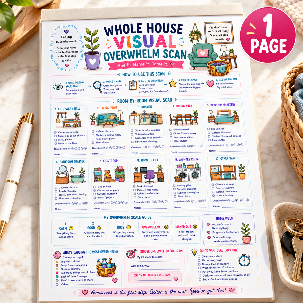 Whole House Visual Overwhelm Scan — one A4 printable worksheet, separate writing-pad hero. Digital file only; pad and props not supplied.
