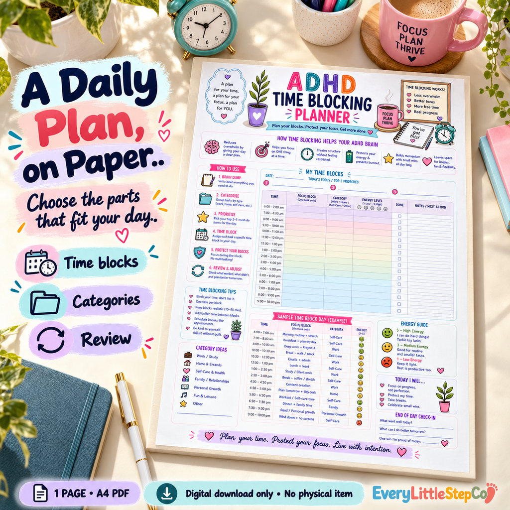 ADHD Time Blocking Planner — 02 — one-page A4 printable shown on a writing pad; digital download only