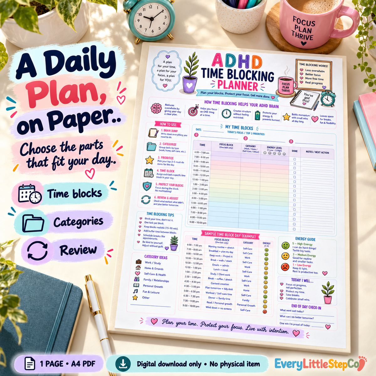 ADHD Time Blocking Planner — 02 — one-page A4 printable shown on a writing pad; digital download only