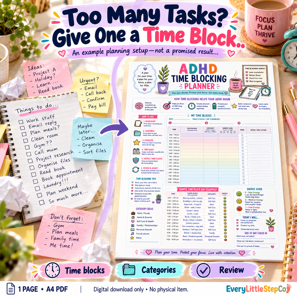 ADHD Time Blocking Planner — 08 — one-page A4 printable shown on a writing pad; digital download only