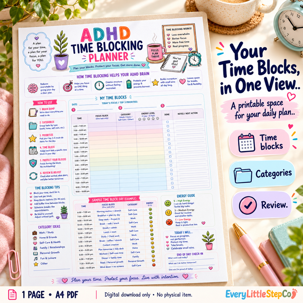 ADHD Time Blocking Planner — 18 — one-page A4 printable shown on a writing pad; digital download only
