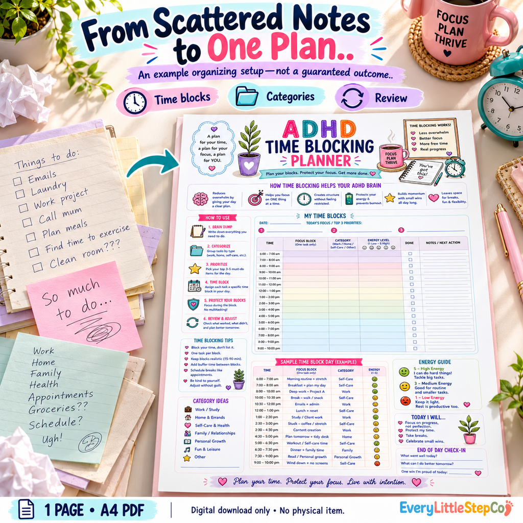 ADHD Time Blocking Planner — 21 — one-page A4 printable shown on a writing pad; digital download only