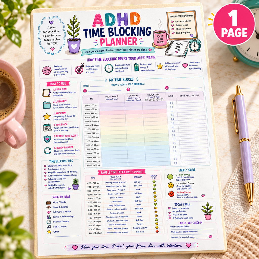 ADHD Time Blocking Planner — separate hero — one-page A4 printable shown on a writing pad; digital download only