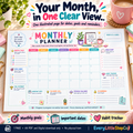 Monthly Planner — Main Product Hero — one-page landscape A4 digital PDF; writing pad has no rings
