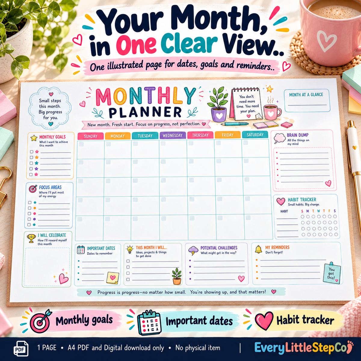 Monthly Planner — Main Product Hero — one-page landscape A4 digital PDF; writing pad has no rings