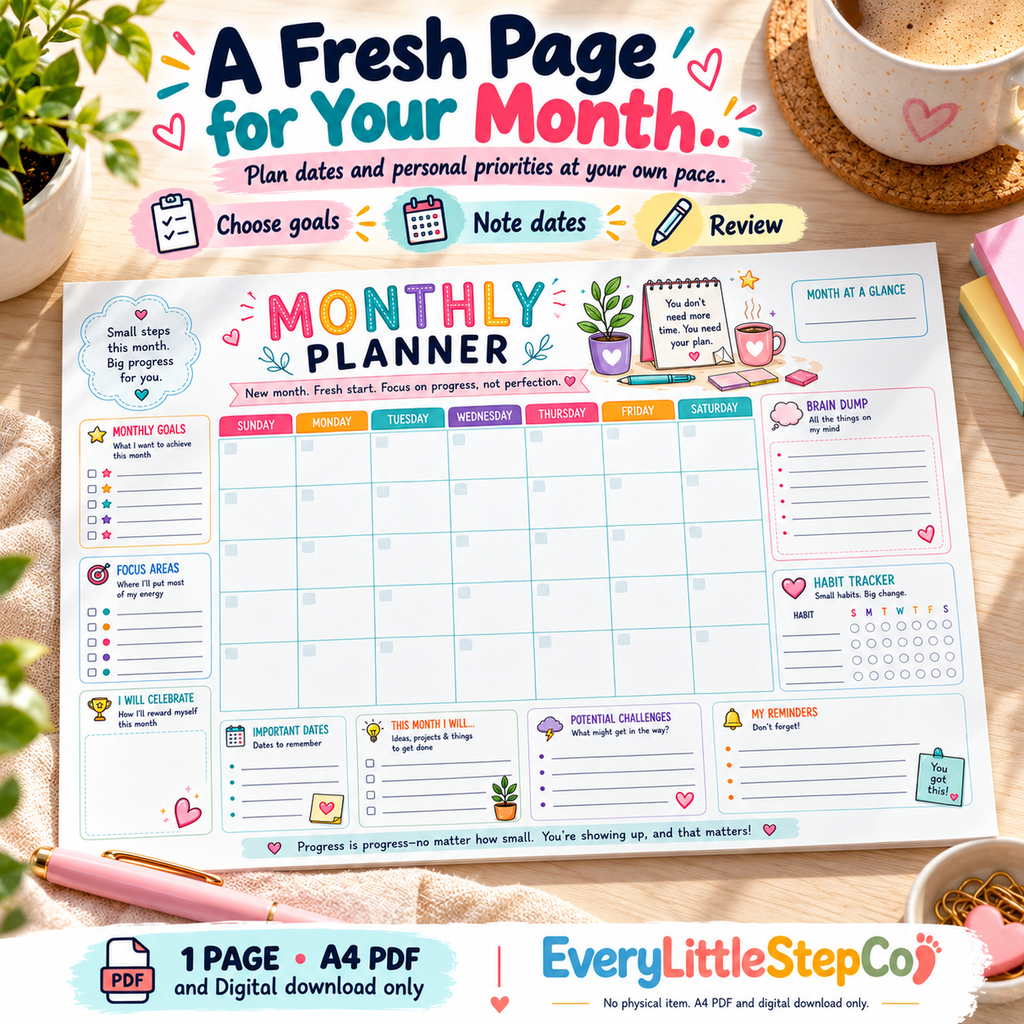 Monthly Planner — Lifestyle Hero — one-page landscape A4 digital PDF; writing pad has no rings
