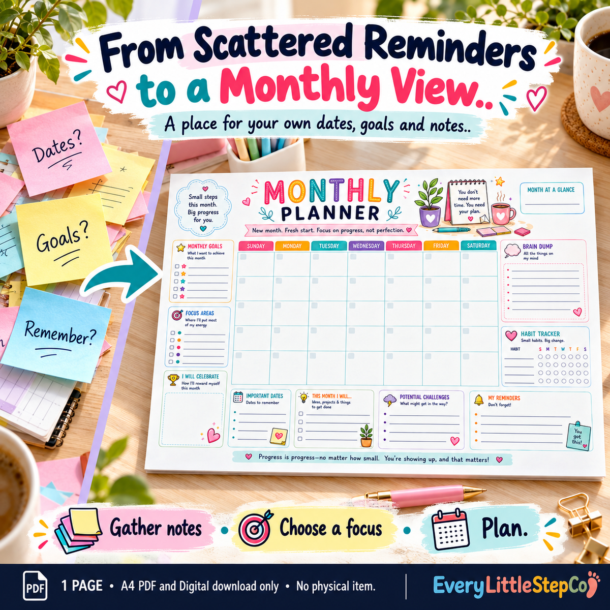 Monthly Planner — Problem to Solution — one-page landscape A4 digital PDF; writing pad has no rings