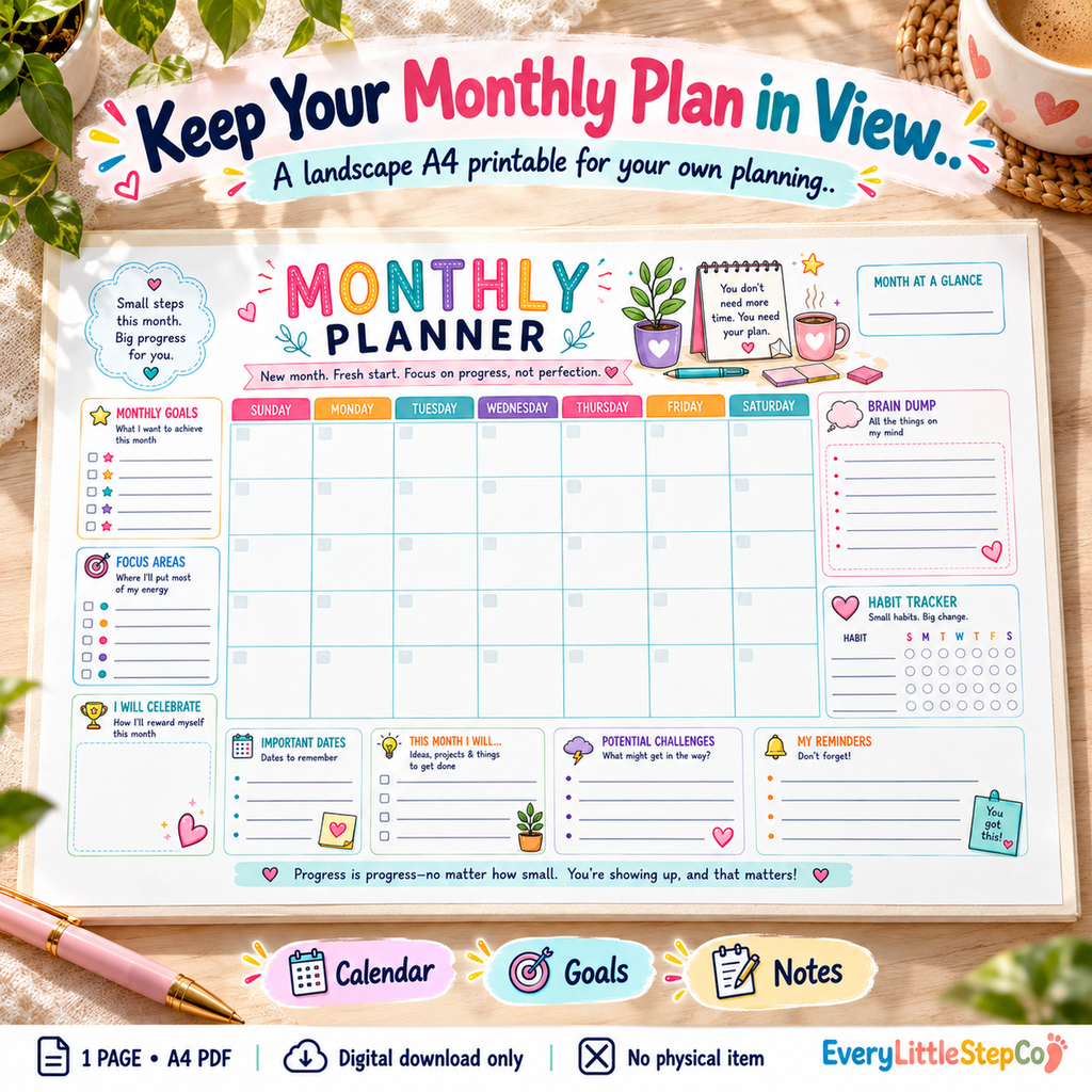 Monthly Planner — Premium Writing Pad Feature — one-page landscape A4 digital PDF; writing pad has no rings