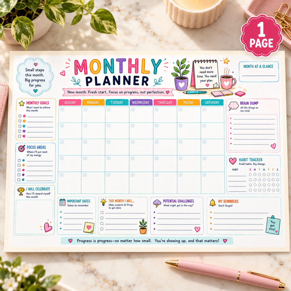 Monthly Planner — separate hero — one-page landscape A4 digital PDF; writing pad has no rings