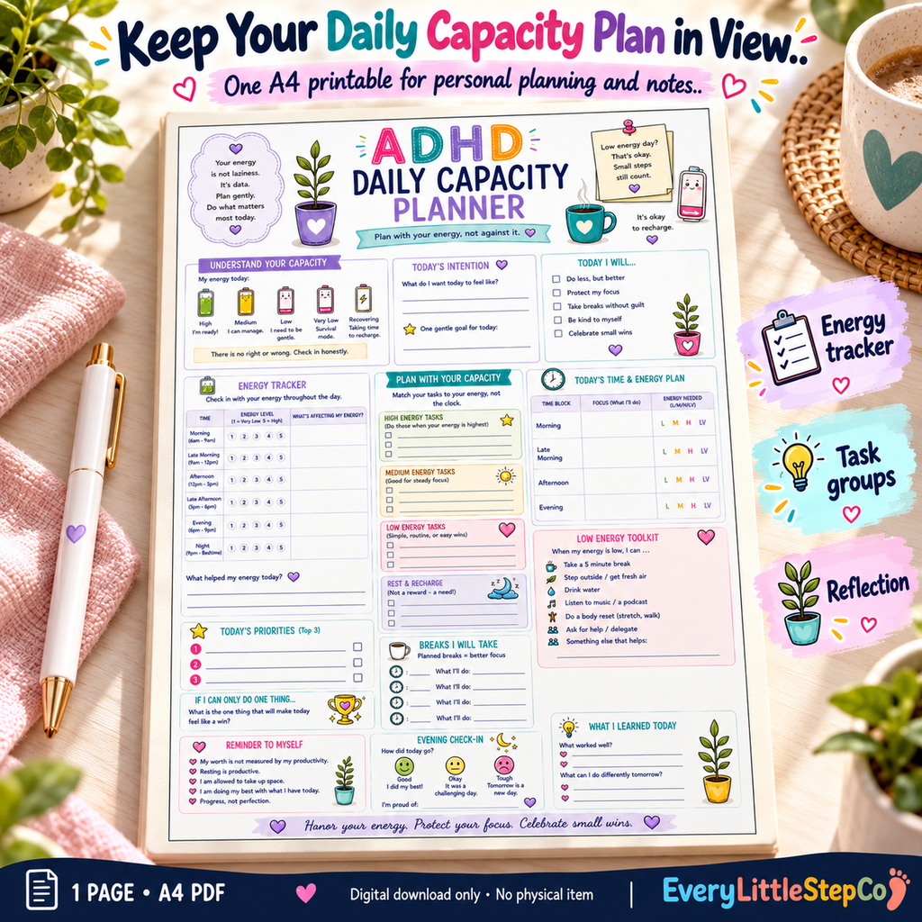 EveryLittleStepCo ADHD Daily Capacity Planner 18 digital printable writing-pad mockup