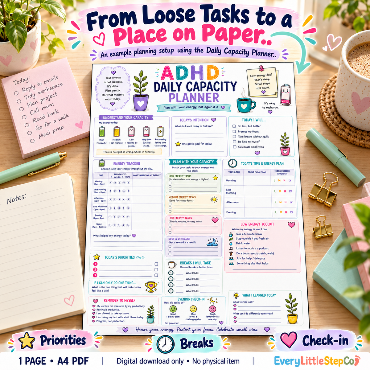 EveryLittleStepCo ADHD Daily Capacity Planner 21 digital printable writing-pad mockup