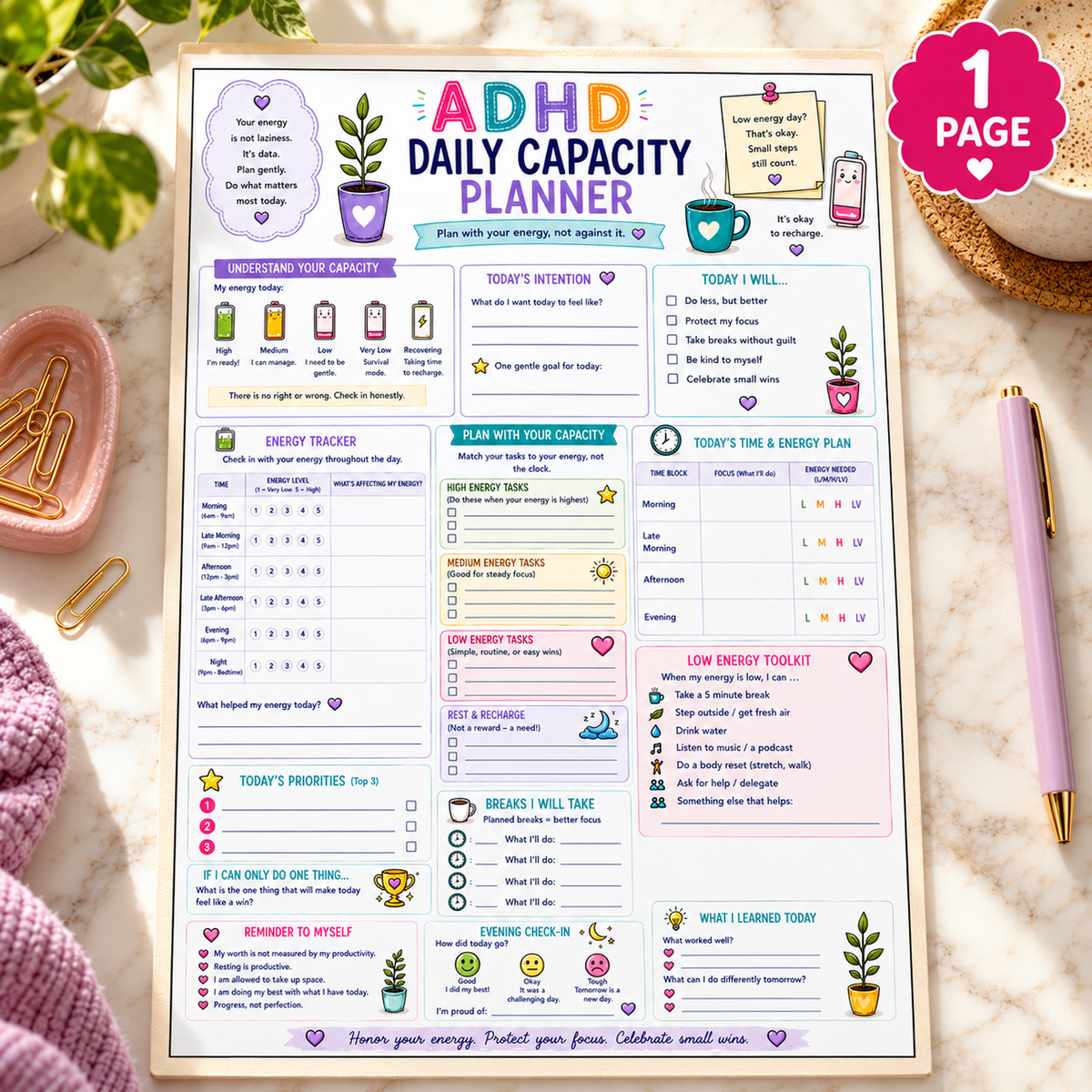 EveryLittleStepCo ADHD Daily Capacity Planner HERO digital printable writing-pad mockup