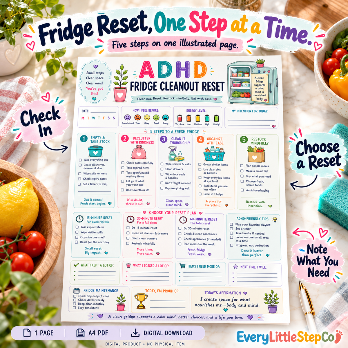 EveryLittleStepCo ADHD Fridge Cleanout Reset 01 one-page digital printable writing-pad mockup