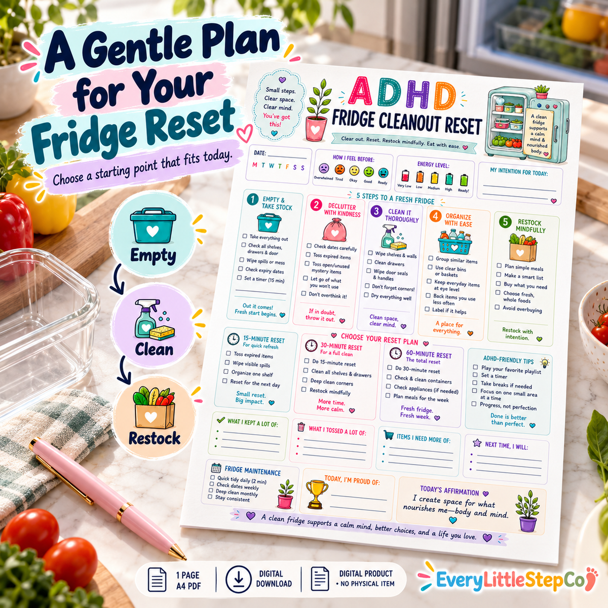 EveryLittleStepCo ADHD Fridge Cleanout Reset 02 one-page digital printable writing-pad mockup