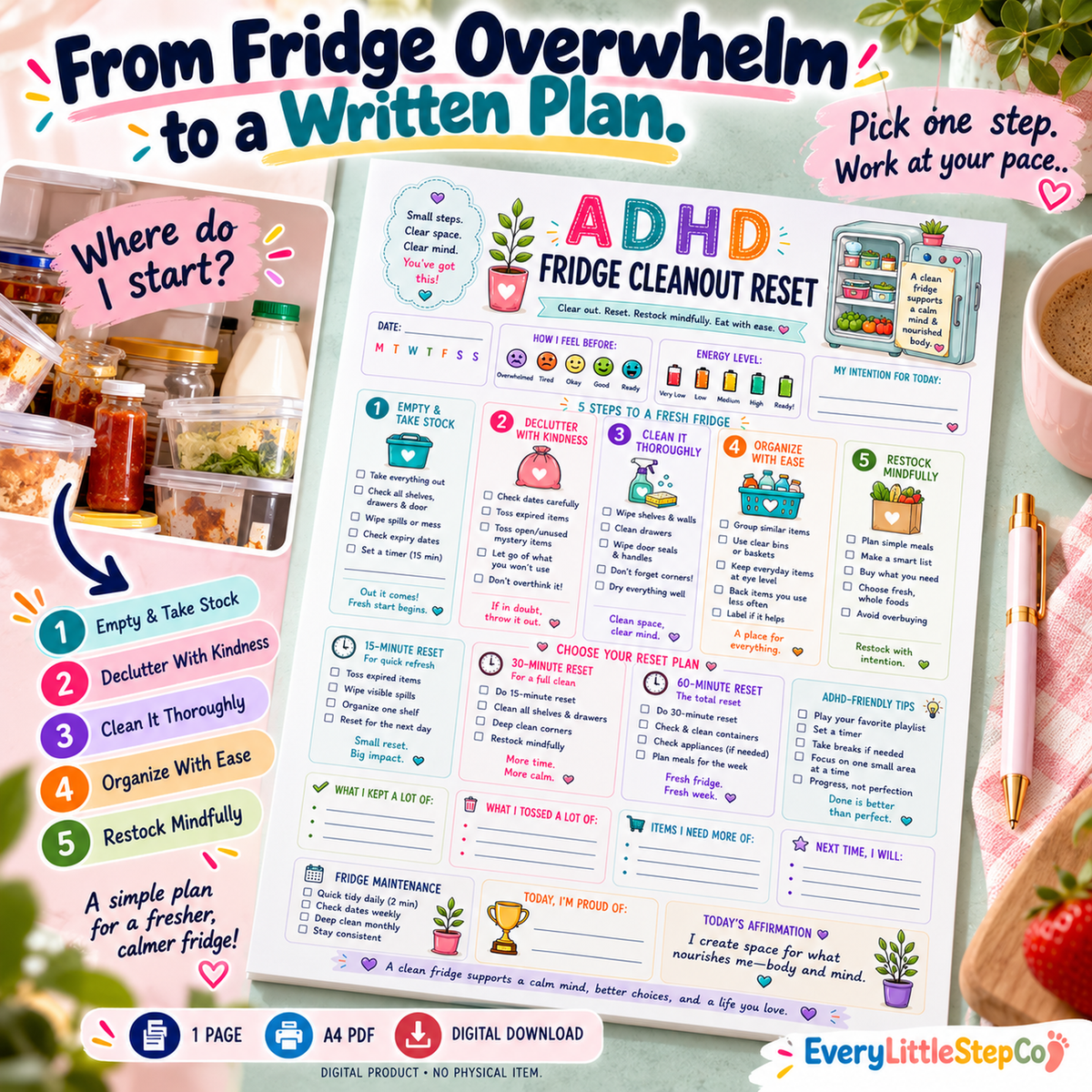 EveryLittleStepCo ADHD Fridge Cleanout Reset 08 one-page digital printable writing-pad mockup