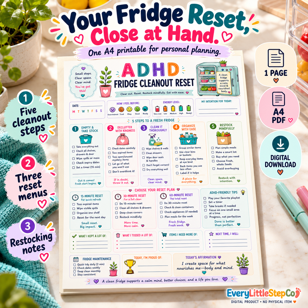EveryLittleStepCo ADHD Fridge Cleanout Reset 18 one-page digital printable writing-pad mockup