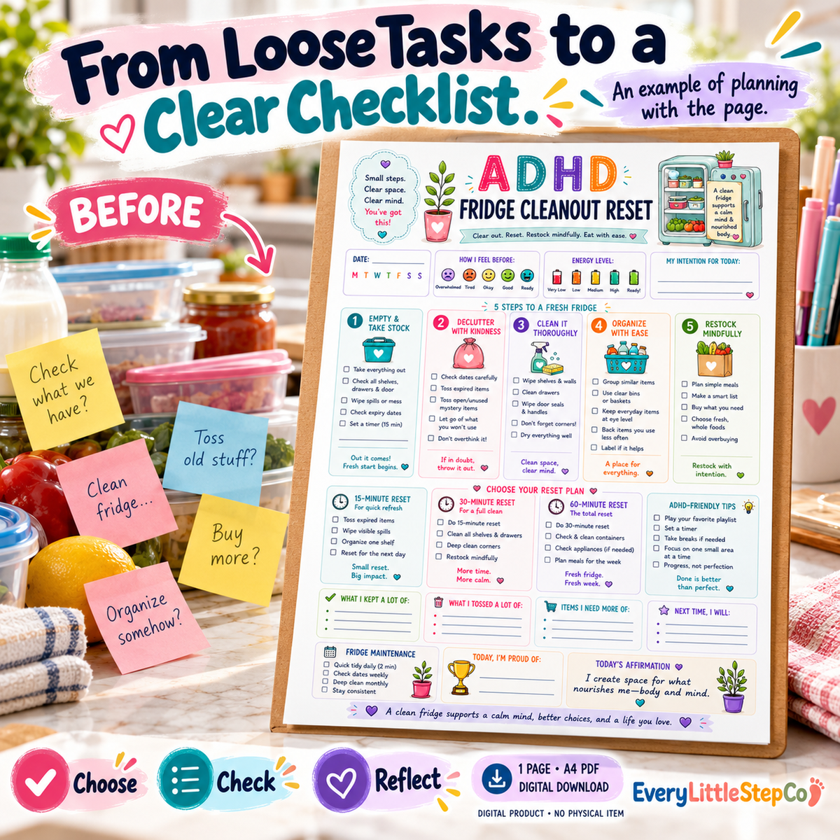 EveryLittleStepCo ADHD Fridge Cleanout Reset 21 one-page digital printable writing-pad mockup