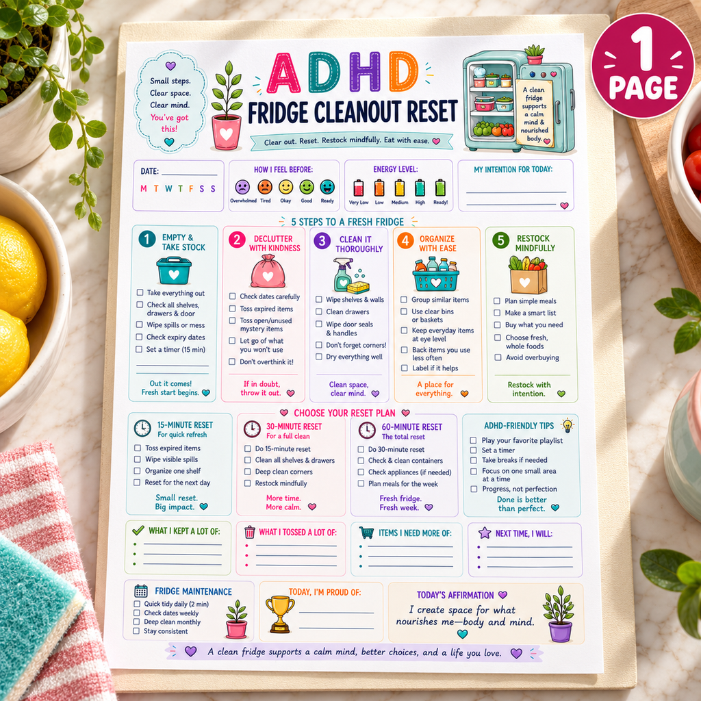 EveryLittleStepCo ADHD Fridge Cleanout Reset HERO one-page digital printable writing-pad mockup