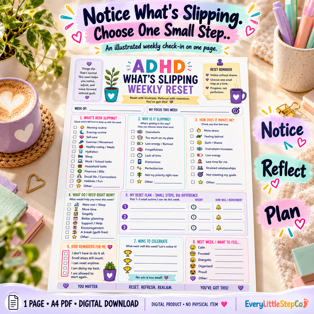 EveryLittleStepCo ADHD What's Slipping Weekly Reset 01 one-page digital printable writing-pad mockup