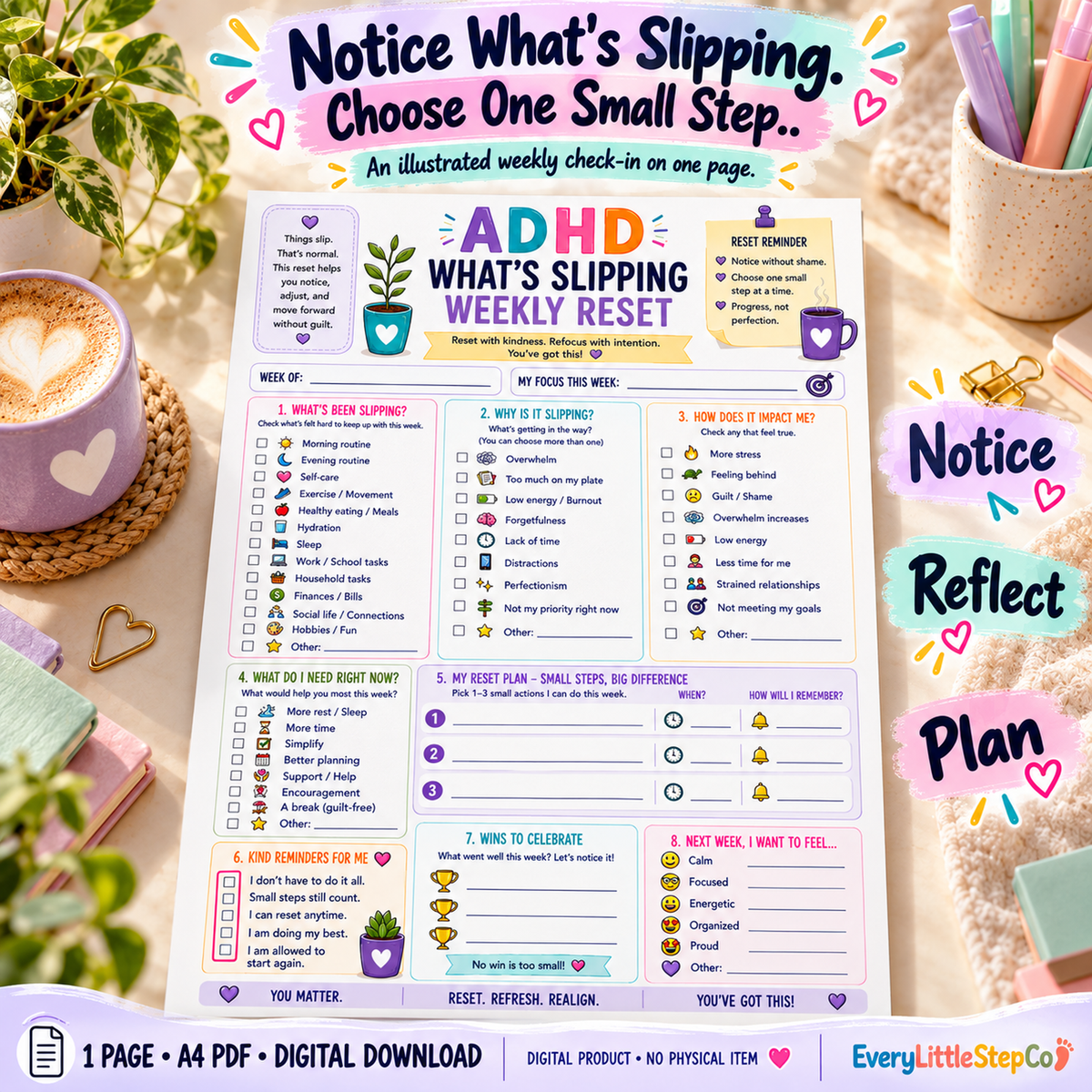 EveryLittleStepCo ADHD What's Slipping Weekly Reset 01 one-page digital printable writing-pad mockup