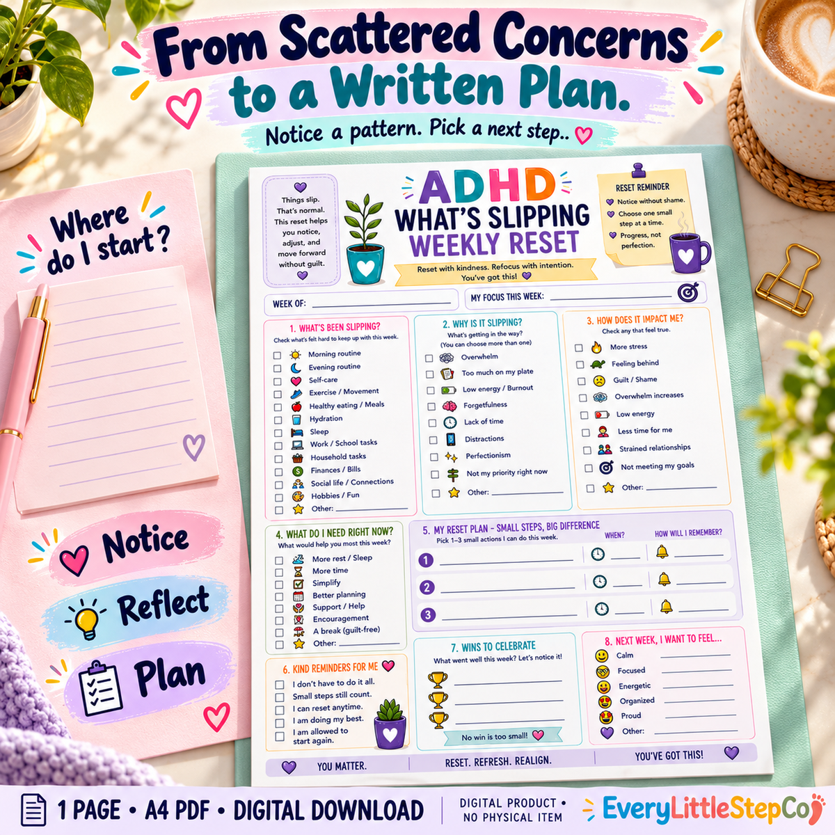 EveryLittleStepCo ADHD What's Slipping Weekly Reset 08 one-page digital printable writing-pad mockup