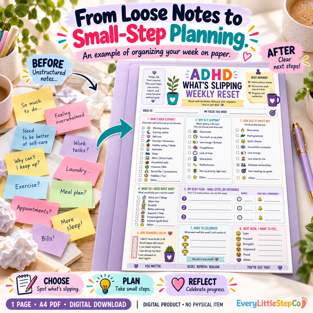 EveryLittleStepCo ADHD What's Slipping Weekly Reset 21 one-page digital printable writing-pad mockup