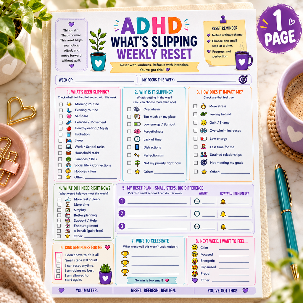 EveryLittleStepCo ADHD What's Slipping Weekly Reset HERO one-page digital printable writing-pad mockup