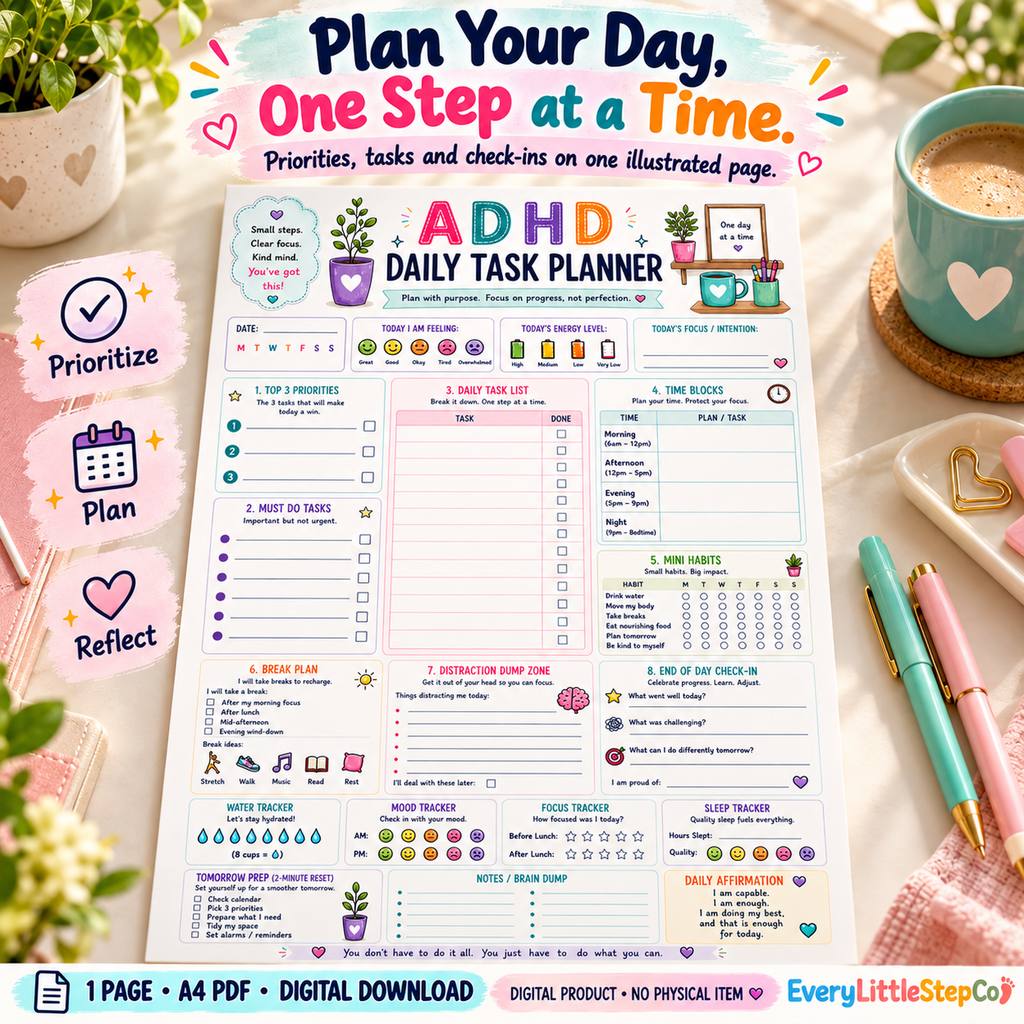 EveryLittleStepCo ADHD Daily Task Planner — Main Product Hero. One-page A4 printable; digital download.