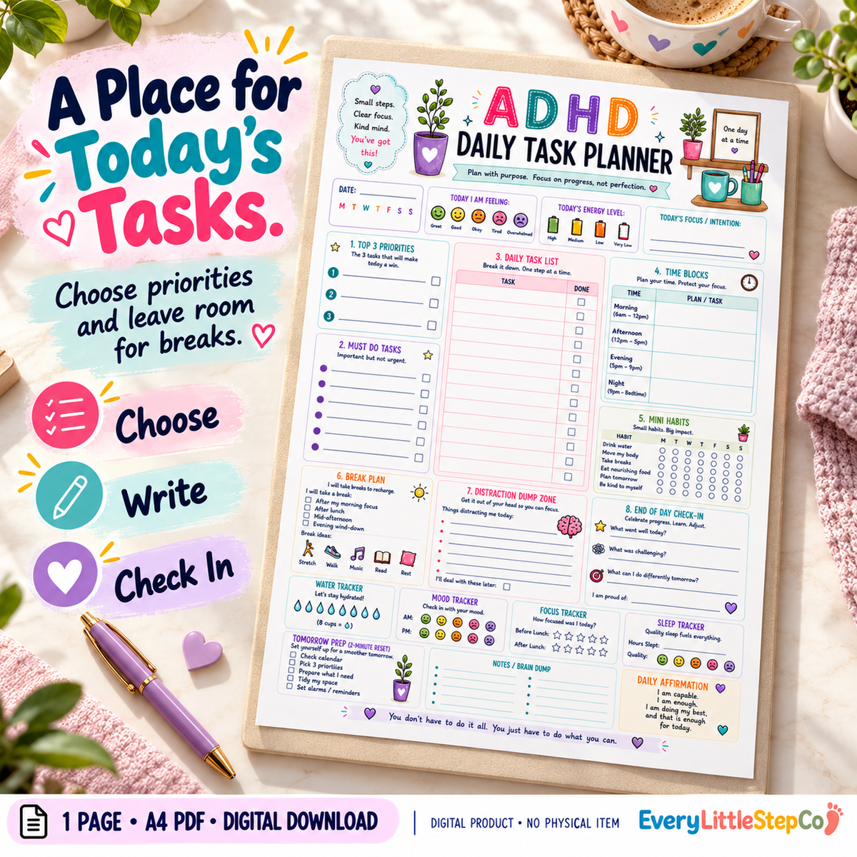 EveryLittleStepCo ADHD Daily Task Planner — Lifestyle Hero. One-page A4 printable; digital download.