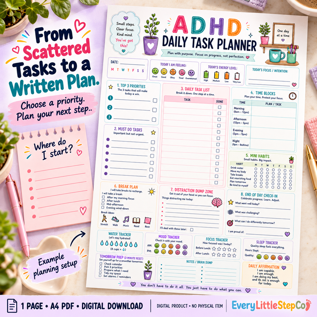 EveryLittleStepCo ADHD Daily Task Planner — Problem to Solution. One-page A4 printable; digital download.