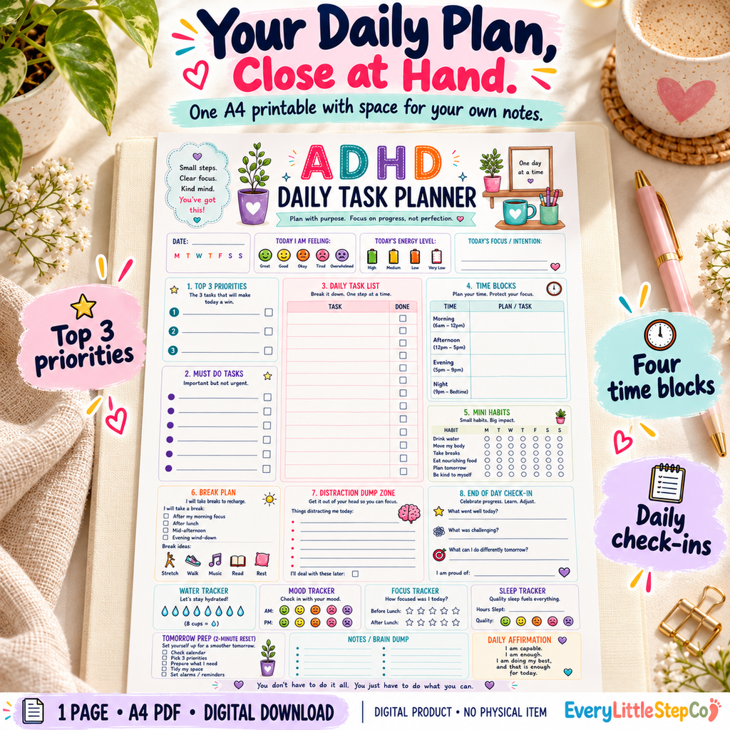 EveryLittleStepCo ADHD Daily Task Planner — Premium Writing Pad Feature. One-page A4 printable; digital download.