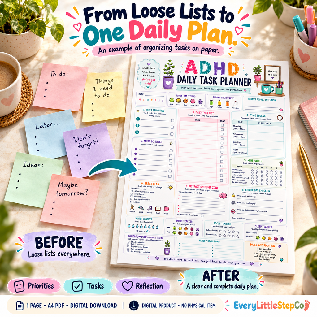 EveryLittleStepCo ADHD Daily Task Planner — Before After Transformation Master. One-page A4 printable; digital download.